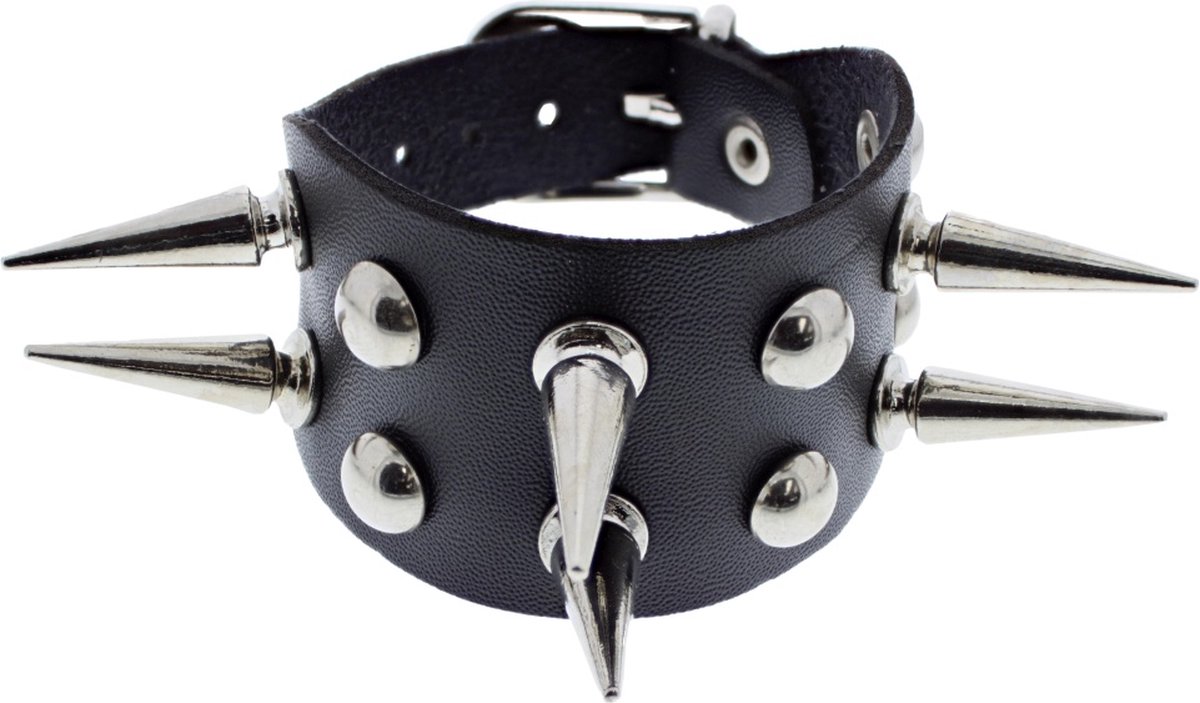 Zacs Alter Ego Polsband 2 Row Spike Studded PU Faux Leather Bracelet Zwart